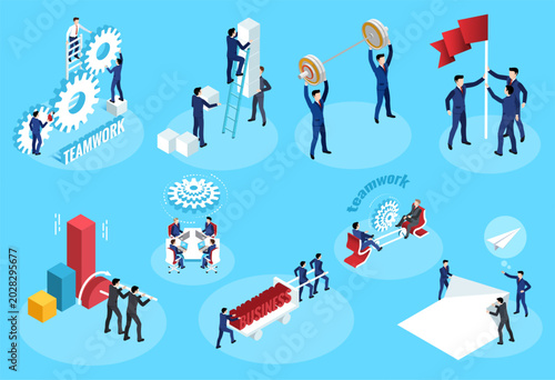 Isometric vector set of illustrations on the theme of teamwork on a blue background, business people working in a team