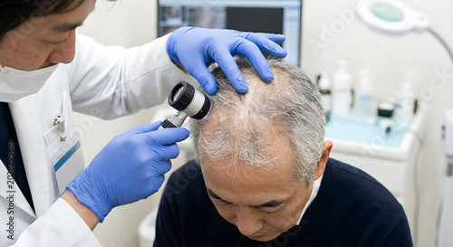 Dermatologist Examining Scalp with Dermatoscope in Clinic – Medical, Doctor, Health, Scalp, Hair, Skin, Examination, Professional, Diagnosis
