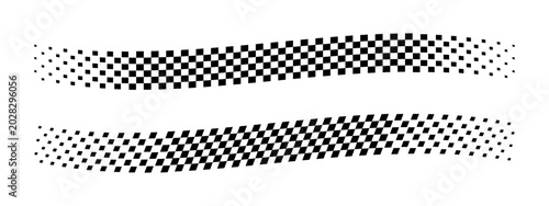 Wavy checkered banners with vanishing effect. Taxi or police car borders. Rally flag textures. Motocross or chess game competitions print. Start or finish concept. Vector graphic illustration