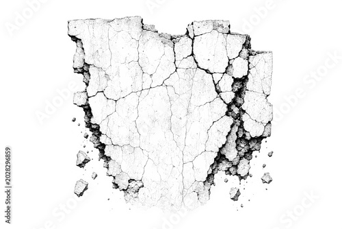 Cracked concrete wall in heart shape line art drawing, broken stone texture with debris, concept of heartbreak, emotional pain, divorce, and resilience