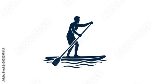 Photos Paddleboarder maneuvers through calm water using a long oar while maintaining balance on a flat board in this outdoor sports activity
