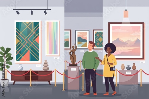 Tourists admiring modern geometric art and landscape paintings in a bright gallery.
