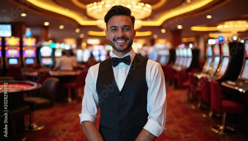 Casino worker in tuxedo uniform smiles at camera. Behind him are slot machines and roulette table. Interior shows luxury casino atmosphere and entertainment. This place offers fun and games.