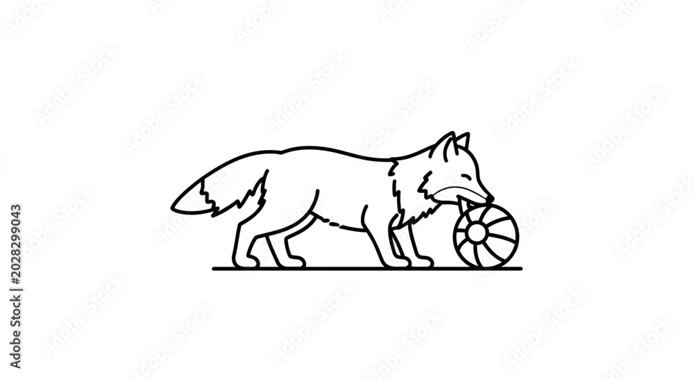 Fototapeta premium Stylized Fox Holding a Ball in its Mouth, Line Art Illustration