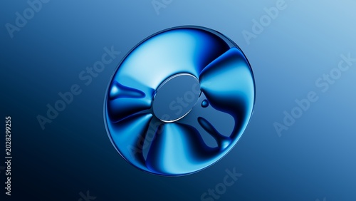 Bild auf Leinwand A shiny blue metallic disc with reflective surfaces and a central hole floats against a gradient blue background