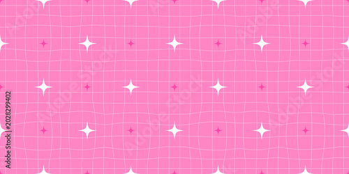 Pattern kawaii cute star pink y2k heart seamless gingham background with shine and checkerboard diamond wave glitch color wavy retro texture