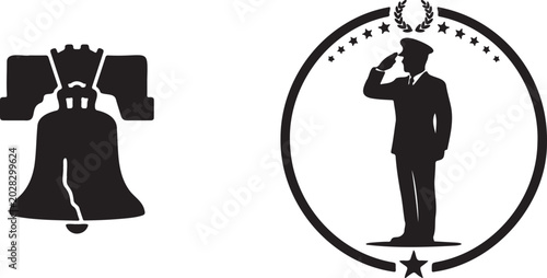 Black silhouettes of liberty bell and soldier saluting