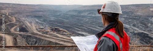 Female engineer in hard hat and safety vest reviewing blueprints at a large-scale industrial site.