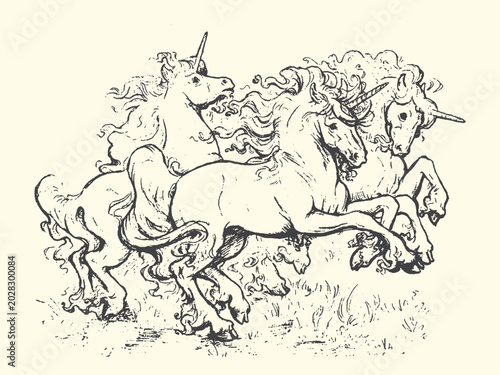 Fotografia Three unicorns running together in a meadow hand-drawn sketch style mythical cre