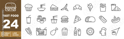 Schilderij op canvas Fast Food Line Icon Set