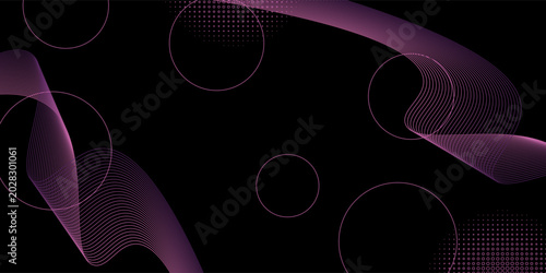 Abstract black background with pink and purple gradient wavy lines. Modern digital backdrop featuring elegant flowing ribbon patterns, minimalist outline circles, and halftone textures.