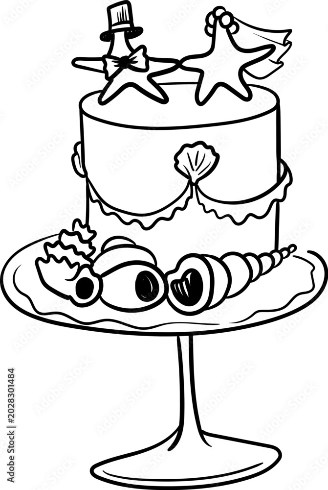 Fototapeta premium Wedding Cake Beach Theme Line Art