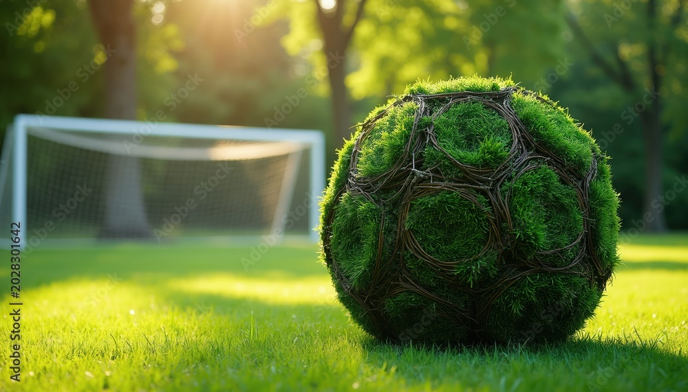 Fototapeta premium Soccer ball made of grass and branches rests on a green field. A white goal is visible in the background. The sun shines brightly through trees casting light on the lawn.