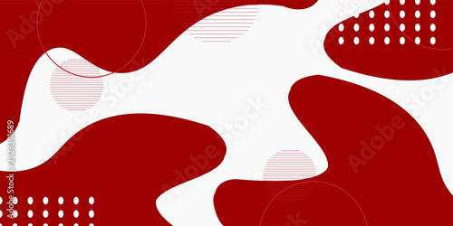 Abstract dark red and white background with dynamic liquid fluid shapes. Modern memphis pop art style layout featuring minimalist circle lines, dot patterns, and creative geometric textures.