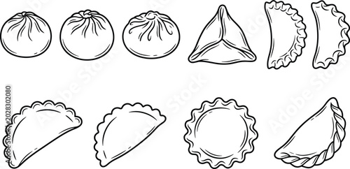 Cartoon dumpling icons with pleated, triangular, and crescent shapes representing food and culinary symbol vector illustration