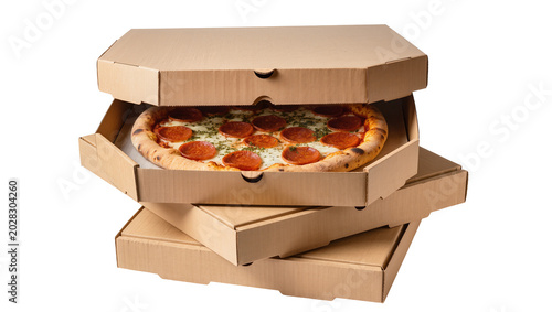 Foto Pepperoni pizza in open cardboard delivery box stacked on others