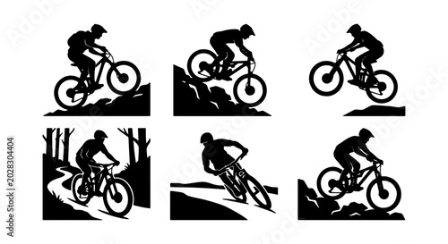 Bild auf Leinwand Mountain Biking Silhouettes, Extreme Sports Cyclist Action, Outdoor Adventure Ve
