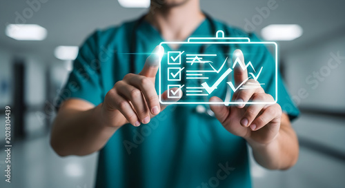 Doctor or medical professional interacting with a glowing digital medical checklist interface.