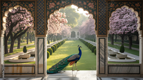 Mughal garden scene in Pichwai style featuring peacock and arches, designed for wallpaper Stock Illustration
