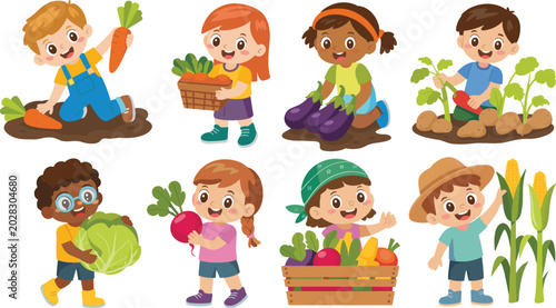 Cartoon children gardening icons with vegetables, basket, crate, and corn representing farming and healthy food vector illustration