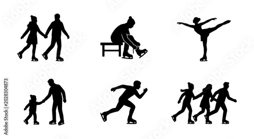 Fotografie Ice Skating Silhouettes: Pairs, Solo, Children, Action Poses, Vector Set