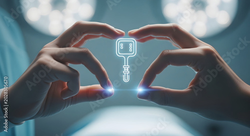 Medical professional hands holding glowing sensor icon in a sterile operating room environment.