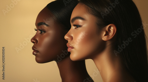 Side profile of a Black woman and an Asian woman in warm tones
