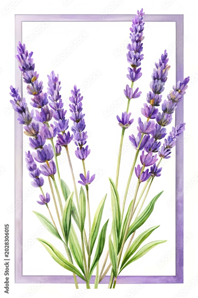 Obraz premium Fresh purple lavender flowers in bloom - Close-up illustration of vibrant lavender stems with delicate purple flowers and green leaves