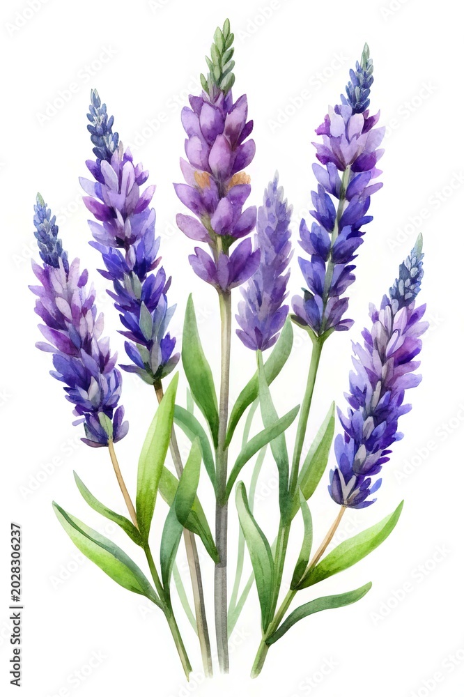 Obraz premium Purple lavender flowers in bloom - Beautiful cluster of purple lavender flowers with green stems and leaves, ready for stock use.