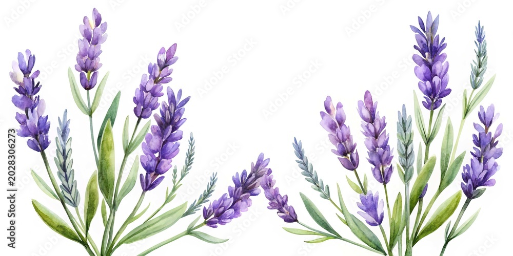 Obraz premium Fresh lavender flowers in natural pose - Bright purple lavender stems with green leaves arranged naturally for a fresh and calming floral display.