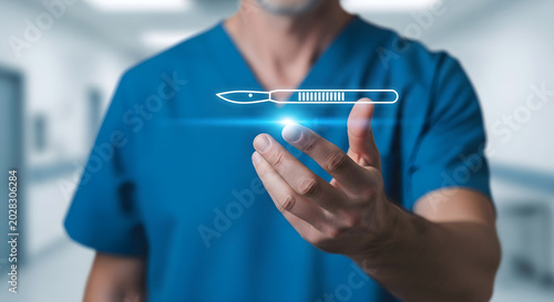 Professional surgeon holding digital holographic scalpel icon in clinical hospital setting.