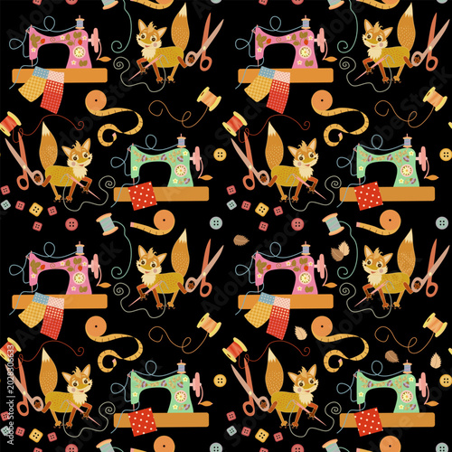 Fairytale sewing workshop with fox tailors. Seamless pattern with foxes, sewi...