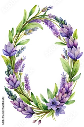 Beautiful floral wreath with purple flowers - Elegant hand-drawn floral wreath featuring purple and green tones, perfect for decorations and designs.