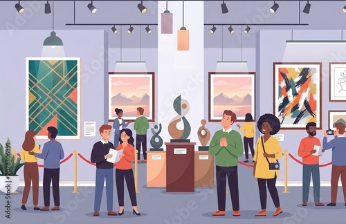Tourists admiring modern geometric art and landscape paintings in a bright gallery.