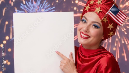Patriotic Celebration Video with Pointing Gesture, Fireworks and Clean Copy Space