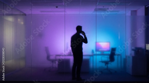 Neon Office Silhouette Behind Frosted Glass