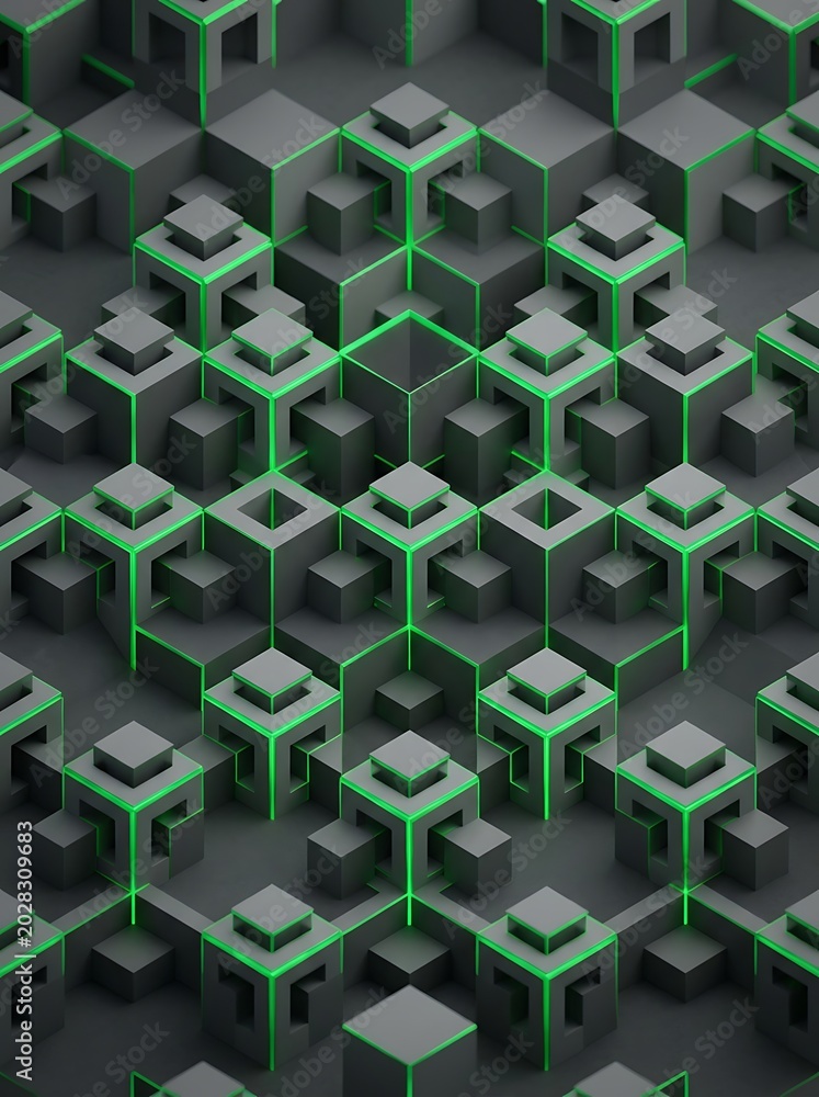 Fototapeta premium Abstract geometric 3D pattern with glowing green light lines and dark cubes.