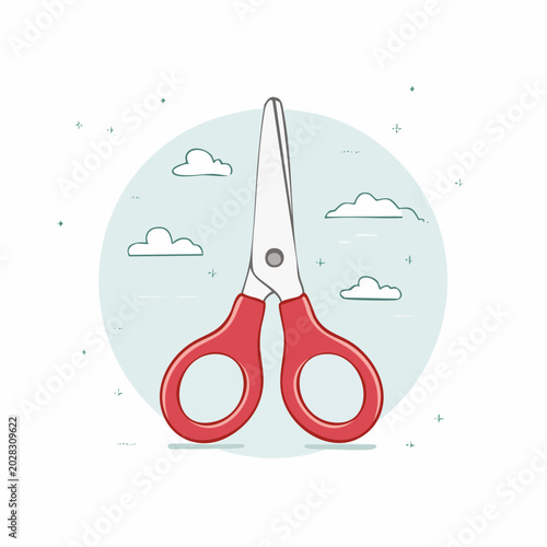 Red Scissors Illustration with Clouds Background