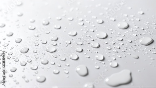 Clear water drops scattered across a smooth white surface, each bead catching light with soft reflections and subtle shadows