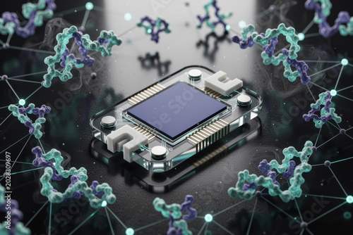 Microchip surrounded by molecular structures and network data connections