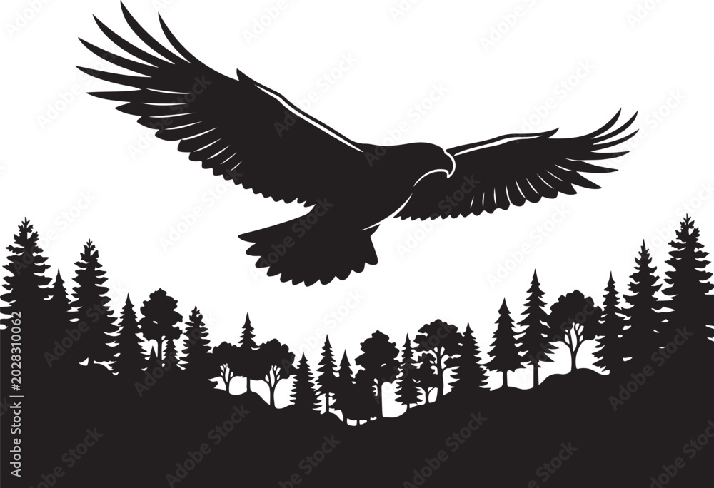 Fototapeta premium Black eagle flying over forest, silhouette landscape, vector illustration, wildlife scene