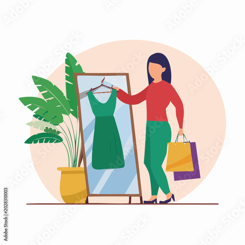 Woman Trying On Green Dress in Mirror with Shopping Bags