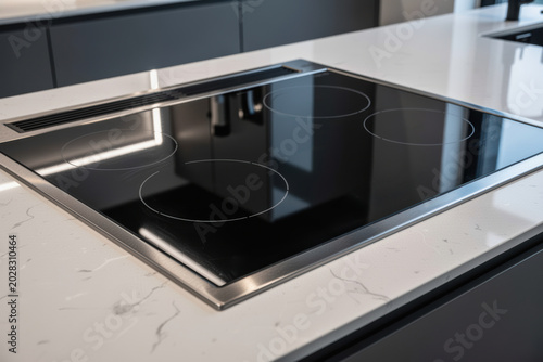 Induction cooktop installed in sleek marble countertop within modern kitchen