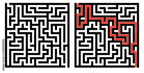 Canvastavla Labyrinth game grid, vector illustration style, black and red on white, puzzle s