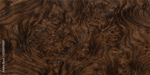A close-up macro shot reveals the intricate, swirling grain pattern of a rich, dark burl wood texture, showcasing its natural beauty and organic complexity.