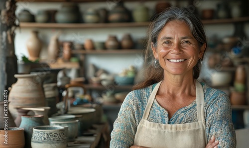 Smiling older woman wearing an apron stands in her pottery studio surrounded by handcrafted ceramic pieces.