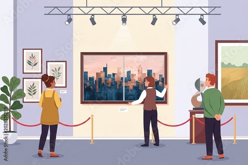 Tourists admiring modern geometric art and landscape paintings in a bright gallery.