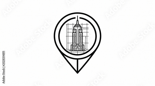 modern location pin icon with city skyline and downward arrow vector illustration
