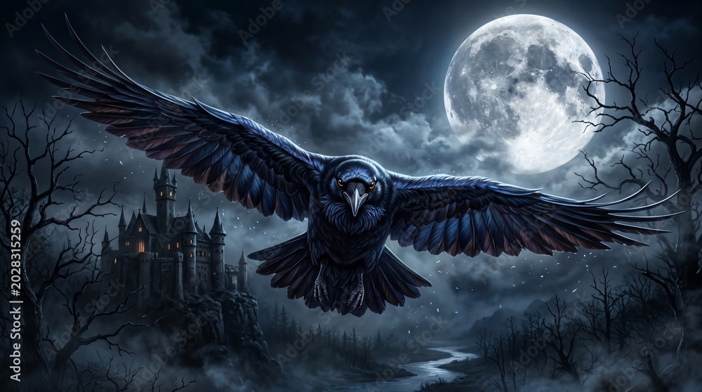 Fototapeta premium Gothic Raven Flying Night Landscape with Castle and Full Moon