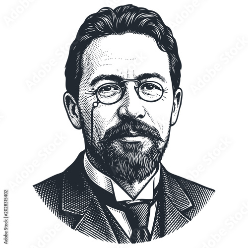 Vector portrait of Anton Chekhov, famous Russian playwright and author. Vintage monochrome engraved illustration of a classic literary figure.